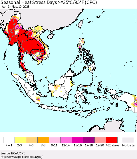 South East Asia Seasonal Heat Stress Days >=35°C/95°F (CPC) Thematic Map For 4/1/2023 - 5/10/2023