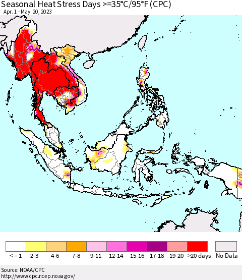 South East Asia Seasonal Heat Stress Days >=35°C/95°F (CPC) Thematic Map For 4/1/2023 - 5/20/2023
