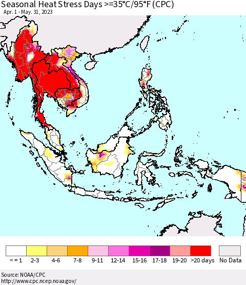 South East Asia Seasonal Heat Stress Days >=35°C/95°F (CPC) Thematic Map For 4/1/2023 - 5/31/2023