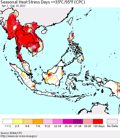 South East Asia Seasonal Heat Stress Days >=35°C/95°F (CPC) Thematic Map For 4/1/2023 - 8/10/2023