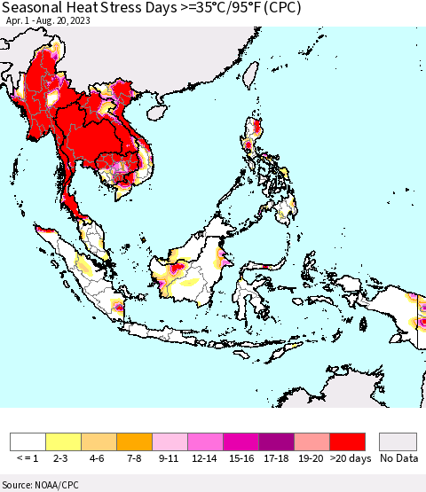 South East Asia Seasonal Heat Stress Days >=35°C/95°F (CPC) Thematic Map For 4/1/2023 - 8/20/2023