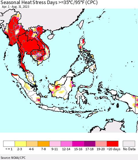 South East Asia Seasonal Heat Stress Days >=35°C/95°F (CPC) Thematic Map For 4/1/2023 - 8/31/2023