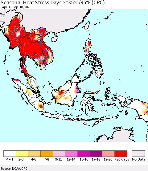 South East Asia Seasonal Heat Stress Days >=35°C/95°F (CPC) Thematic Map For 4/1/2023 - 9/10/2023