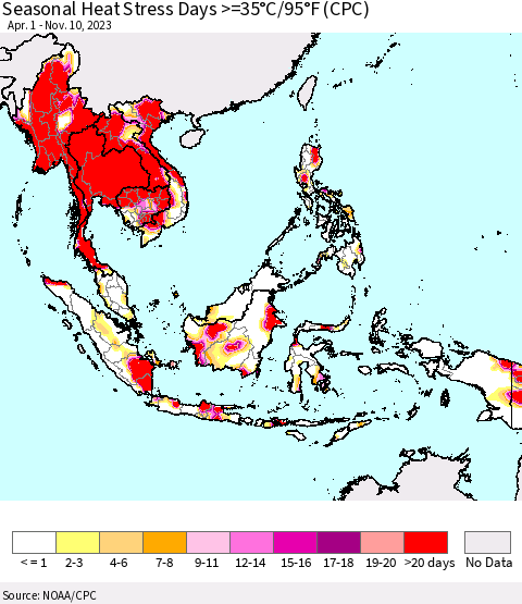 South East Asia Seasonal Heat Stress Days >=35°C/95°F (CPC) Thematic Map For 4/1/2023 - 11/10/2023