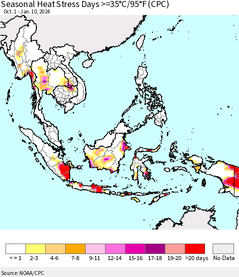 South East Asia Seasonal Heat Stress Days >=35°C/95°F (CPC) Thematic Map For 10/1/2023 - 1/10/2024