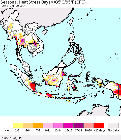 South East Asia Seasonal Heat Stress Days >=35°C/95°F (CPC) Thematic Map For 10/1/2023 - 1/20/2024