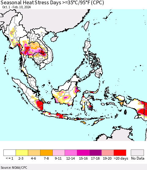 South East Asia Seasonal Heat Stress Days >=35°C/95°F (CPC) Thematic Map For 10/1/2023 - 2/10/2024