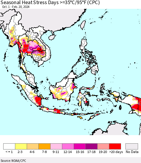 South East Asia Seasonal Heat Stress Days >=35°C/95°F (CPC) Thematic Map For 10/1/2023 - 2/20/2024
