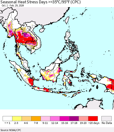 South East Asia Seasonal Heat Stress Days >=35°C/95°F (CPC) Thematic Map For 10/1/2023 - 2/29/2024