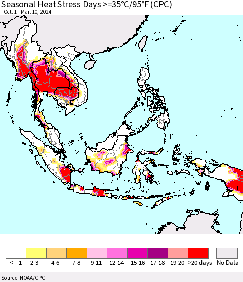 South East Asia Seasonal Heat Stress Days >=35°C/95°F (CPC) Thematic Map For 10/1/2023 - 3/10/2024