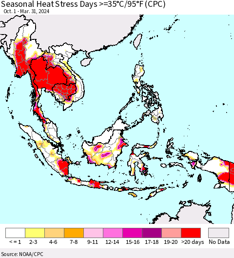 South East Asia Seasonal Heat Stress Days >=35°C/95°F (CPC) Thematic Map For 10/1/2023 - 3/31/2024