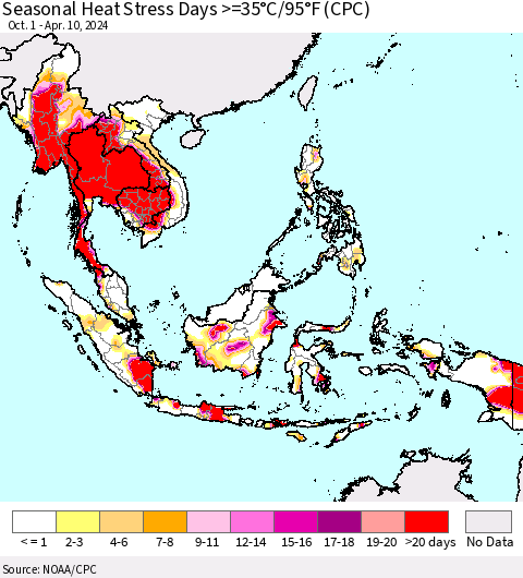 South East Asia Seasonal Heat Stress Days >=35°C/95°F (CPC) Thematic Map For 10/1/2023 - 4/10/2024