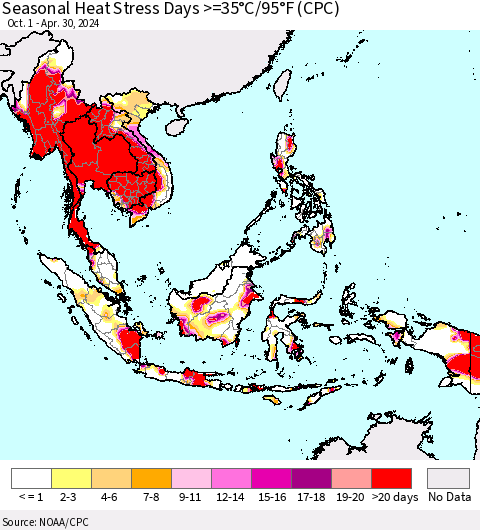 South East Asia Seasonal Heat Stress Days >=35°C/95°F (CPC) Thematic Map For 10/1/2023 - 4/30/2024