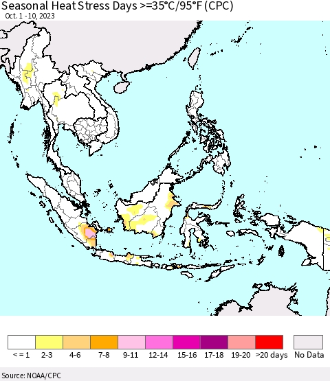 South East Asia Seasonal Heat Stress Days >=35°C/95°F (CPC) Thematic Map For 10/1/2023 - 10/10/2023