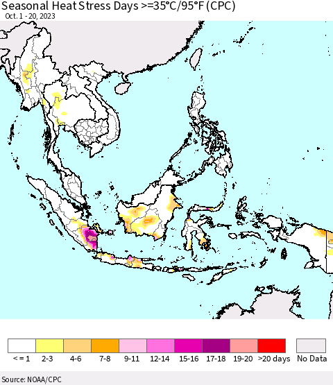 South East Asia Seasonal Heat Stress Days >=35°C/95°F (CPC) Thematic Map For 10/1/2023 - 10/20/2023