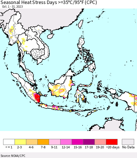 South East Asia Seasonal Heat Stress Days >=35°C/95°F (CPC) Thematic Map For 10/1/2023 - 10/31/2023