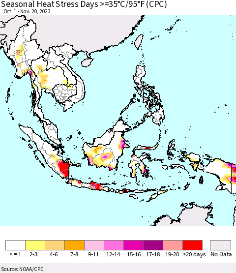 South East Asia Seasonal Heat Stress Days >=35°C/95°F (CPC) Thematic Map For 10/1/2023 - 11/20/2023