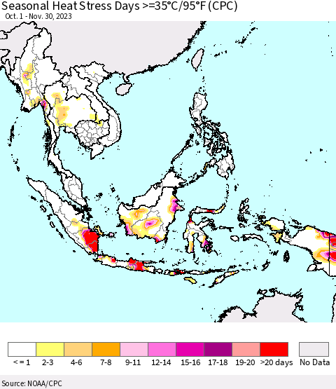 South East Asia Seasonal Heat Stress Days >=35°C/95°F (CPC) Thematic Map For 10/1/2023 - 11/30/2023
