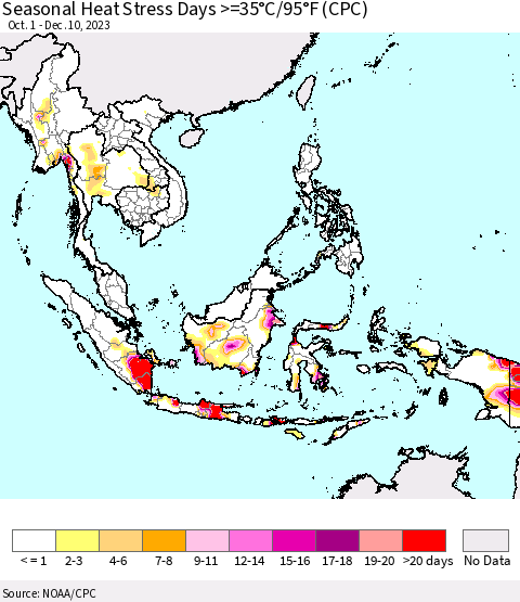 South East Asia Seasonal Heat Stress Days >=35°C/95°F (CPC) Thematic Map For 10/1/2023 - 12/10/2023