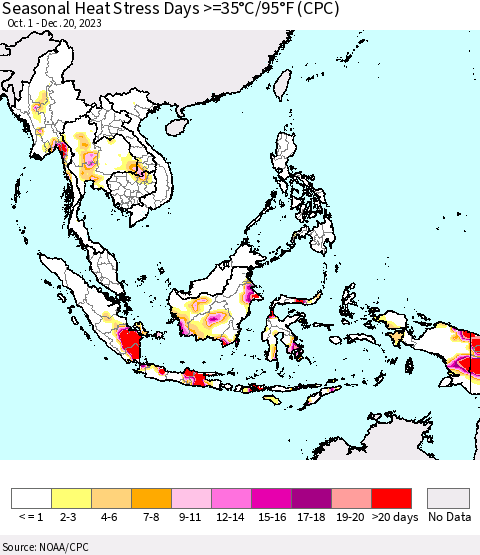 South East Asia Seasonal Heat Stress Days >=35°C/95°F (CPC) Thematic Map For 10/1/2023 - 12/20/2023