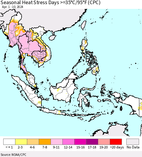 South East Asia Seasonal Heat Stress Days >=35°C/95°F (CPC) Thematic Map For 4/1/2024 - 4/10/2024