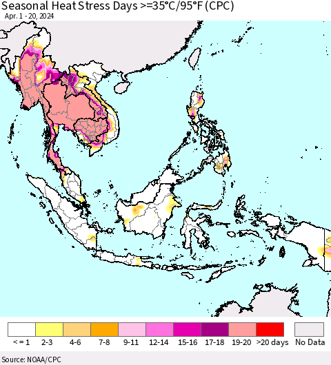 South East Asia Seasonal Heat Stress Days >=35°C/95°F (CPC) Thematic Map For 4/1/2024 - 4/20/2024