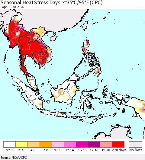 South East Asia Seasonal Heat Stress Days >=35°C/95°F (CPC) Thematic Map For 4/1/2024 - 4/30/2024