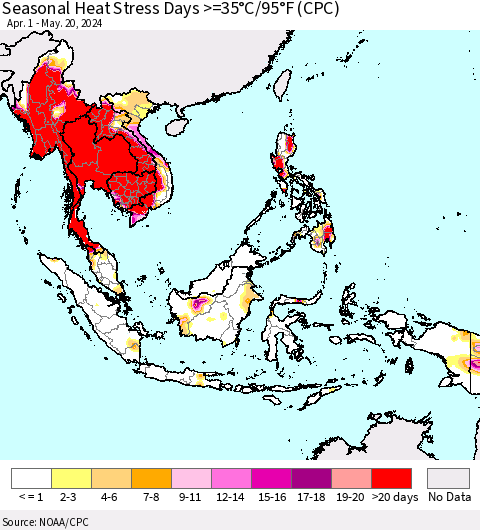 South East Asia Seasonal Heat Stress Days >=35°C/95°F (CPC) Thematic Map For 4/1/2024 - 5/20/2024