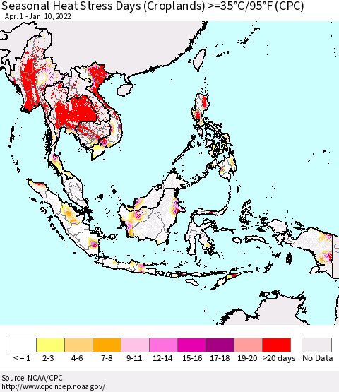South East Asia Seasonal Heat Stress Days (Croplands) >=35°C/95°F (CPC) Thematic Map For 4/1/2021 - 1/10/2022