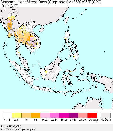 South East Asia Seasonal Heat Stress Days (Croplands) >=35°C/95°F (CPC) Thematic Map For 4/1/2021 - 4/10/2021