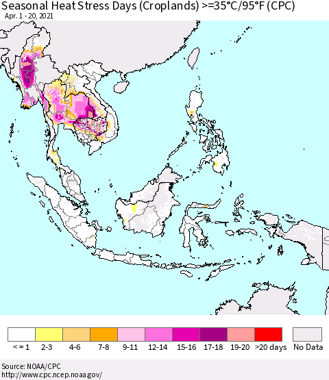 South East Asia Seasonal Heat Stress Days (Croplands) >=35°C/95°F (CPC) Thematic Map For 4/1/2021 - 4/20/2021