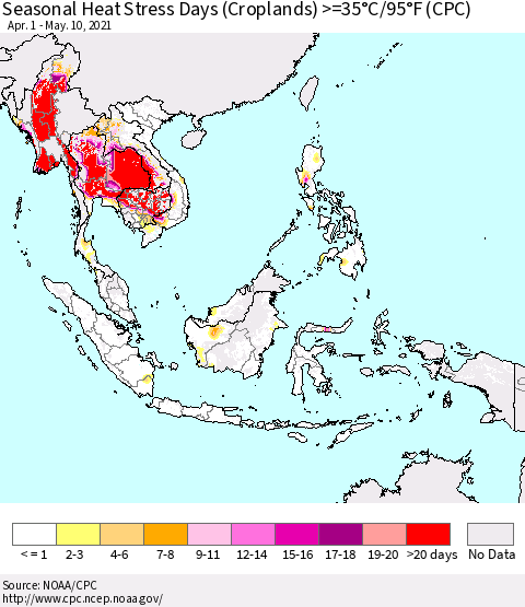 South East Asia Seasonal Heat Stress Days (Croplands) >=35°C/95°F (CPC) Thematic Map For 4/1/2021 - 5/10/2021
