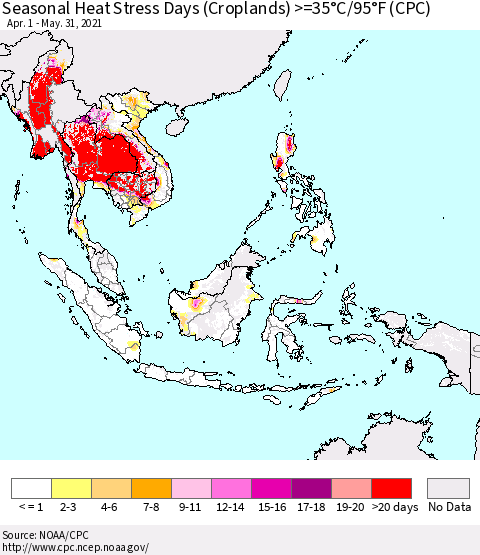 South East Asia Seasonal Heat Stress Days (Croplands) >=35°C/95°F (CPC) Thematic Map For 4/1/2021 - 5/31/2021