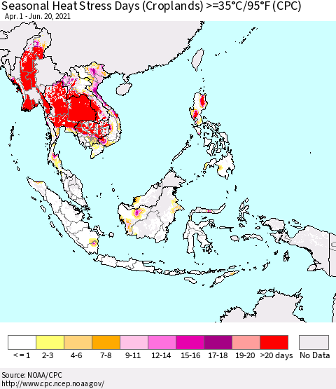 South East Asia Seasonal Heat Stress Days (Croplands) >=35°C/95°F (CPC) Thematic Map For 4/1/2021 - 6/20/2021