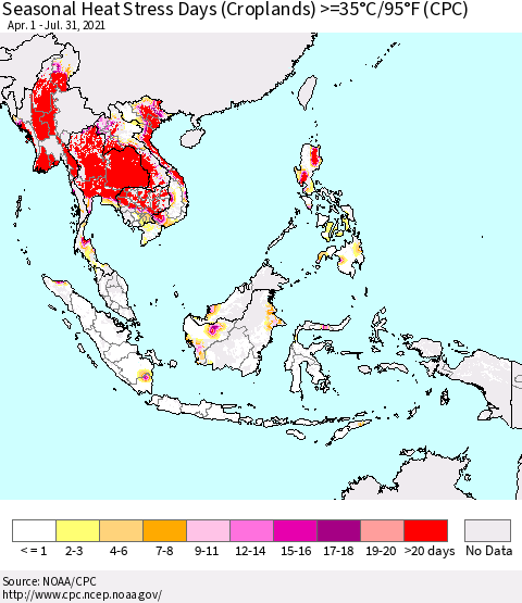 South East Asia Seasonal Heat Stress Days (Croplands) >=35°C/95°F (CPC) Thematic Map For 4/1/2021 - 7/31/2021