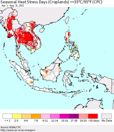 South East Asia Seasonal Heat Stress Days (Croplands) >=35°C/95°F (CPC) Thematic Map For 4/1/2021 - 8/31/2021