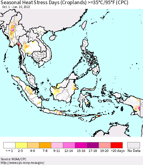 South East Asia Seasonal Heat Stress Days (Croplands) >=35°C/95°F (CPC) Thematic Map For 10/1/2021 - 1/10/2022