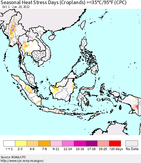 South East Asia Seasonal Heat Stress Days (Croplands) >=35°C/95°F (CPC) Thematic Map For 10/1/2021 - 1/20/2022