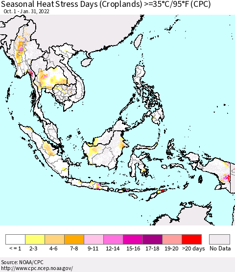 South East Asia Seasonal Heat Stress Days (Croplands) >=35°C/95°F (CPC) Thematic Map For 10/1/2021 - 1/31/2022