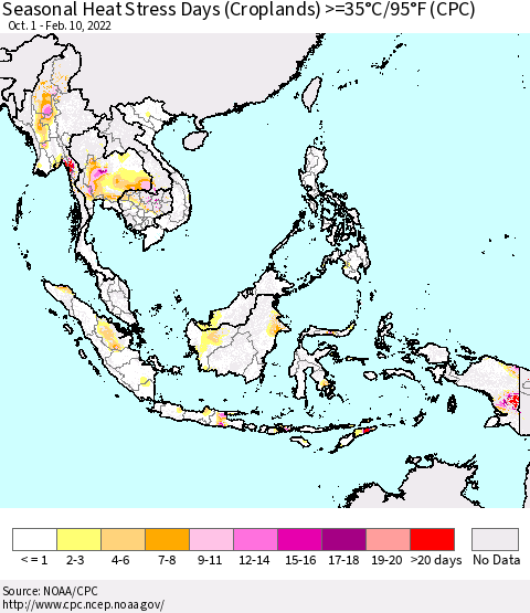 South East Asia Seasonal Heat Stress Days (Croplands) >=35°C/95°F (CPC) Thematic Map For 10/1/2021 - 2/10/2022