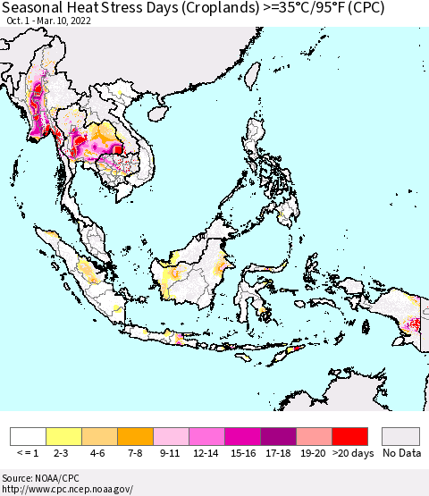 South East Asia Seasonal Heat Stress Days (Croplands) >=35°C/95°F (CPC) Thematic Map For 10/1/2021 - 3/10/2022