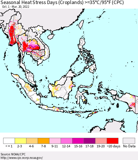 South East Asia Seasonal Heat Stress Days (Croplands) >=35°C/95°F (CPC) Thematic Map For 10/1/2021 - 3/20/2022