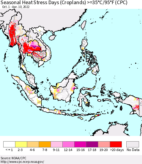 South East Asia Seasonal Heat Stress Days (Croplands) >=35°C/95°F (CPC) Thematic Map For 10/1/2021 - 4/10/2022