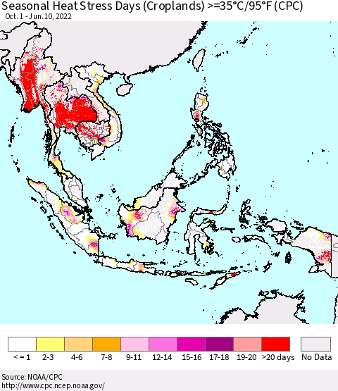 South East Asia Seasonal Heat Stress Days (Croplands) >=35°C/95°F (CPC) Thematic Map For 10/1/2021 - 6/10/2022