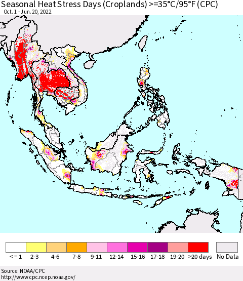 South East Asia Seasonal Heat Stress Days (Croplands) >=35°C/95°F (CPC) Thematic Map For 10/1/2021 - 6/20/2022