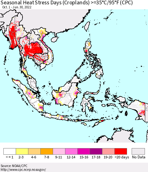 South East Asia Seasonal Heat Stress Days (Croplands) >=35°C/95°F (CPC) Thematic Map For 10/1/2021 - 6/30/2022