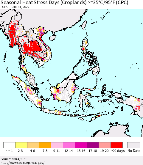 South East Asia Seasonal Heat Stress Days (Croplands) >=35°C/95°F (CPC) Thematic Map For 10/1/2021 - 7/31/2022