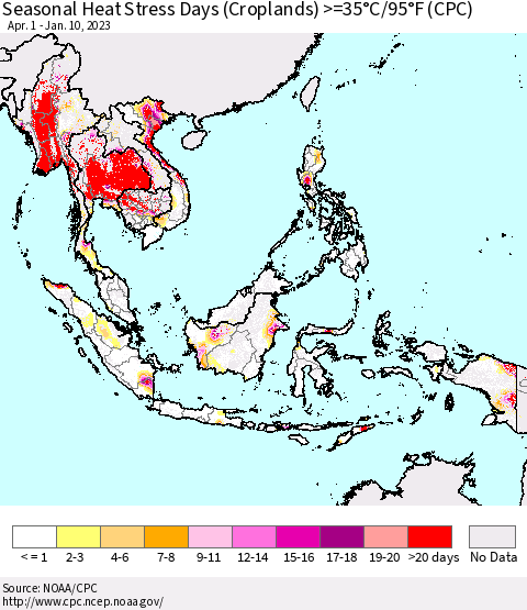 South East Asia Seasonal Heat Stress Days (Croplands) >=35°C/95°F (CPC) Thematic Map For 4/1/2022 - 1/10/2023