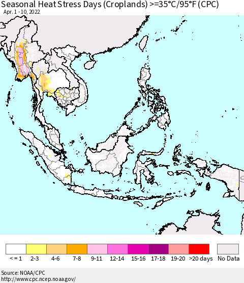 South East Asia Seasonal Heat Stress Days (Croplands) >=35°C/95°F (CPC) Thematic Map For 4/1/2022 - 4/10/2022