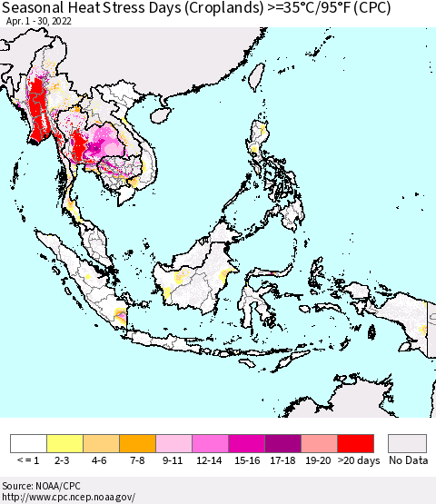South East Asia Seasonal Heat Stress Days (Croplands) >=35°C/95°F (CPC) Thematic Map For 4/1/2022 - 4/30/2022